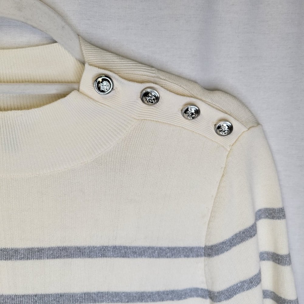 Talbots Women's Medium Sweater Gray White Striped Short Sleeve - Picture 3 of 6